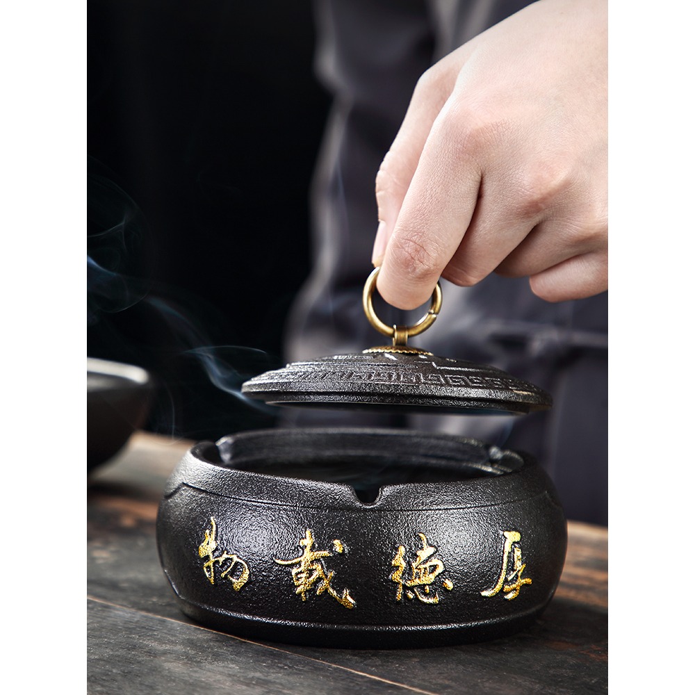 唐豐陶瓷帶蓋煙灰缸輕奢家用客廳防飛灰煙盅個性創意潮流禪意擺件-細節圖2