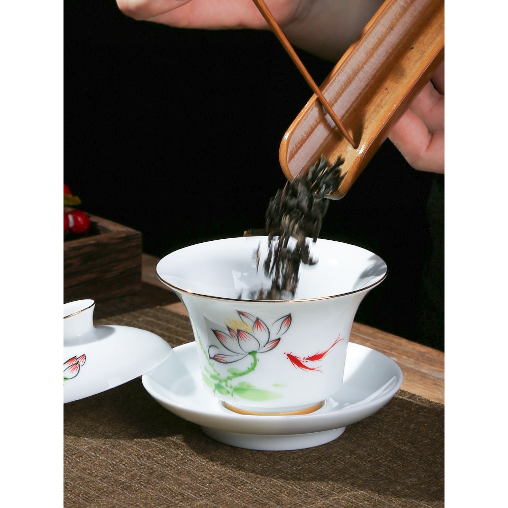 唐豐手繪描金蓋碗茶杯家用陶瓷大號三才茶碗單個功夫泡茶器建盞A-細節圖2