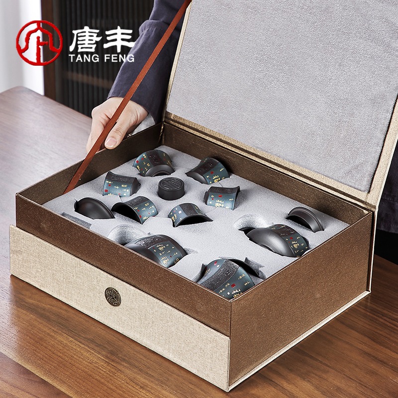 紫砂功夫茶具套裝辦公室會客客廳家用功夫泡茶壺茶杯復古高端禮盒-細節圖5