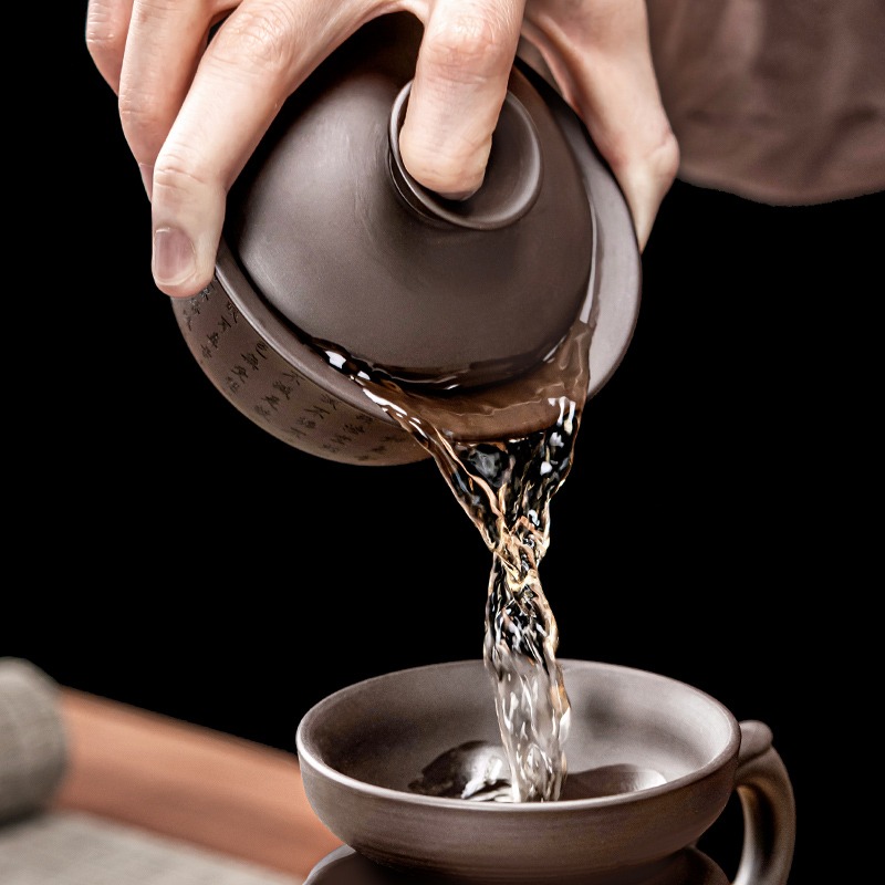 唐豐紫砂蓋碗茶杯家用大容量心經三才碗單個復古敬茶碗功夫泡茶器-細節圖3