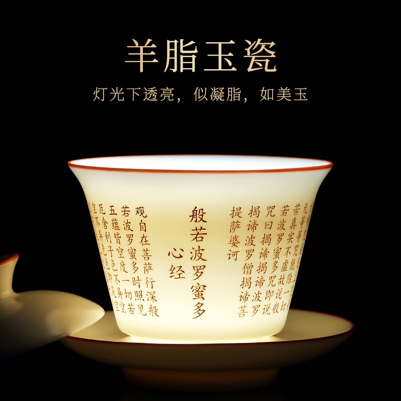 心經三才蓋碗茶杯單個家用羊脂玉瓷功夫泡茶碗大容量敬茶碗手抓碗-細節圖4