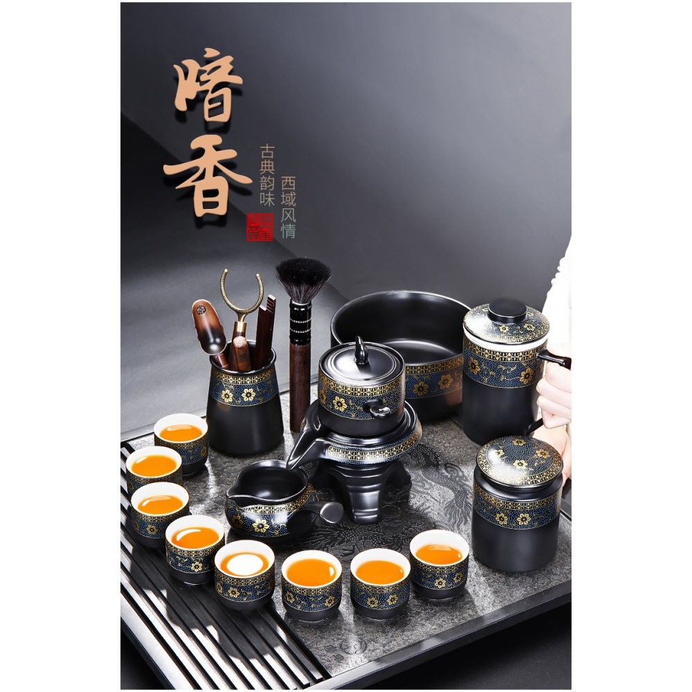 唐豐自動茶具禮盒裝家用客廳懶人沖茶器陶瓷茶壺茶杯復古石磨簡約-細節圖6