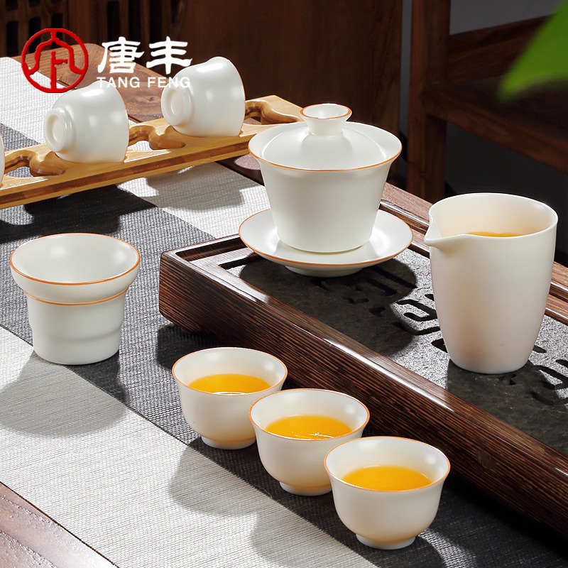 唐豐功夫茶具白玉茶杯套裝家用簡約現代開片蓋碗陶瓷整套禮盒裝-細節圖2