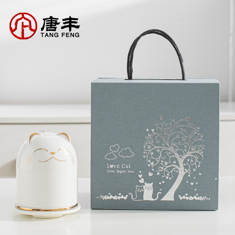 唐豐招財貓泡茶馬克杯創意卡通陶瓷帶蓋辦公杯過濾水杯牛奶杯禮盒-細節圖2