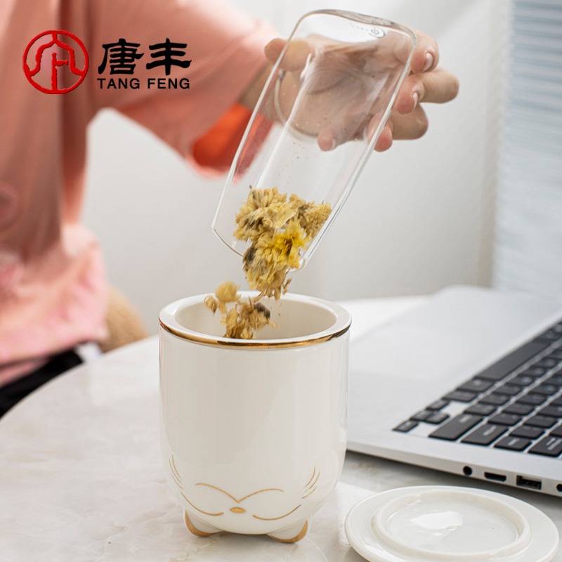 唐豐招財貓泡茶馬克杯創意卡通陶瓷帶蓋辦公杯過濾水杯牛奶杯禮盒-細節圖3