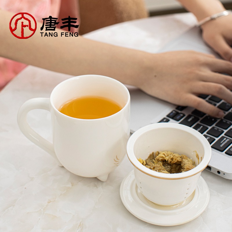 唐豐招財貓泡茶馬克杯創意卡通陶瓷帶蓋辦公杯過濾水杯牛奶杯禮盒-細節圖4