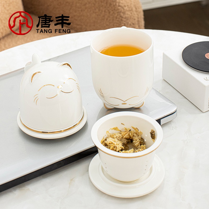 唐豐招財貓泡茶馬克杯創意卡通陶瓷帶蓋辦公杯過濾水杯牛奶杯禮盒-細節圖5