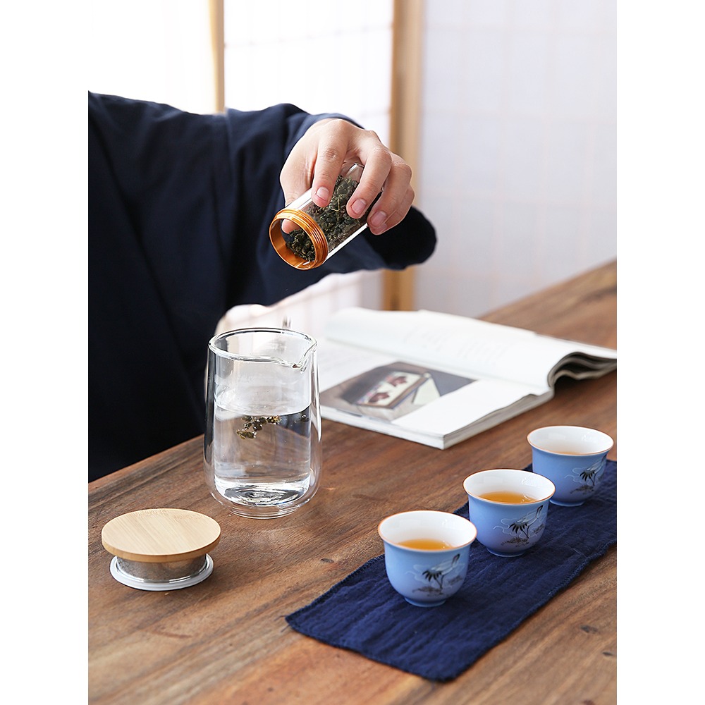 唐豐收納便攜旅行茶具雙層過濾玻璃泡茶壺辦公戶外快客杯一壺三杯-細節圖2
