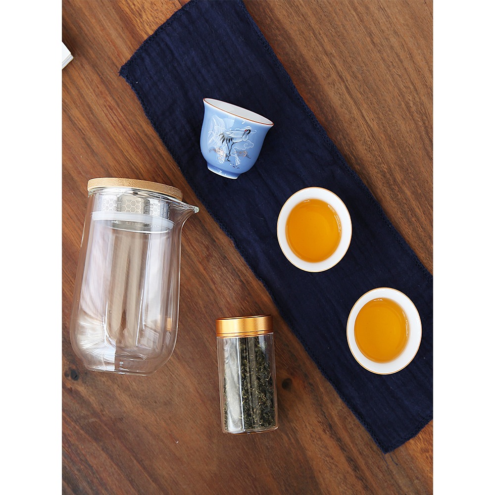 唐豐收納便攜旅行茶具雙層過濾玻璃泡茶壺辦公戶外快客杯一壺三杯-細節圖5