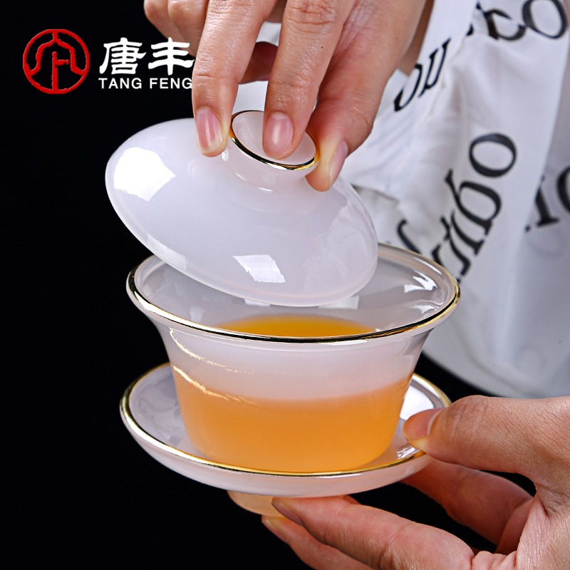 唐豐琉璃功夫茶具禮盒裝家用描金三才蓋碗泡茶器辦公玉瓷輕奢高端-細節圖3