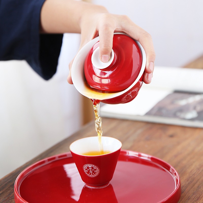 唐豐霽紅陶瓷功夫泡茶器結婚喜慶禮品喝茶蓋碗茶壺禮盒裝伴手禮-細節圖3