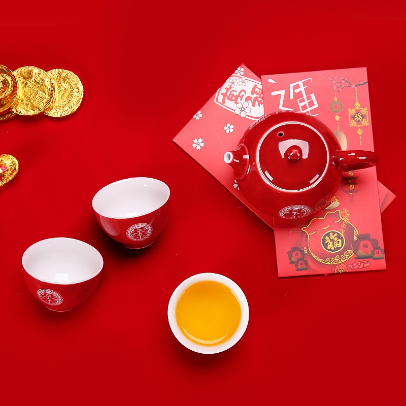 唐豐功夫茶具套裝婚慶禮盒霽紅陶瓷茶杯茶壺家用中式結婚喜慶用品-細節圖2