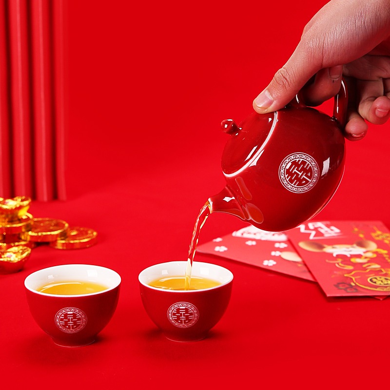 唐豐功夫茶具套裝婚慶禮盒霽紅陶瓷茶杯茶壺家用中式結婚喜慶用品-細節圖3