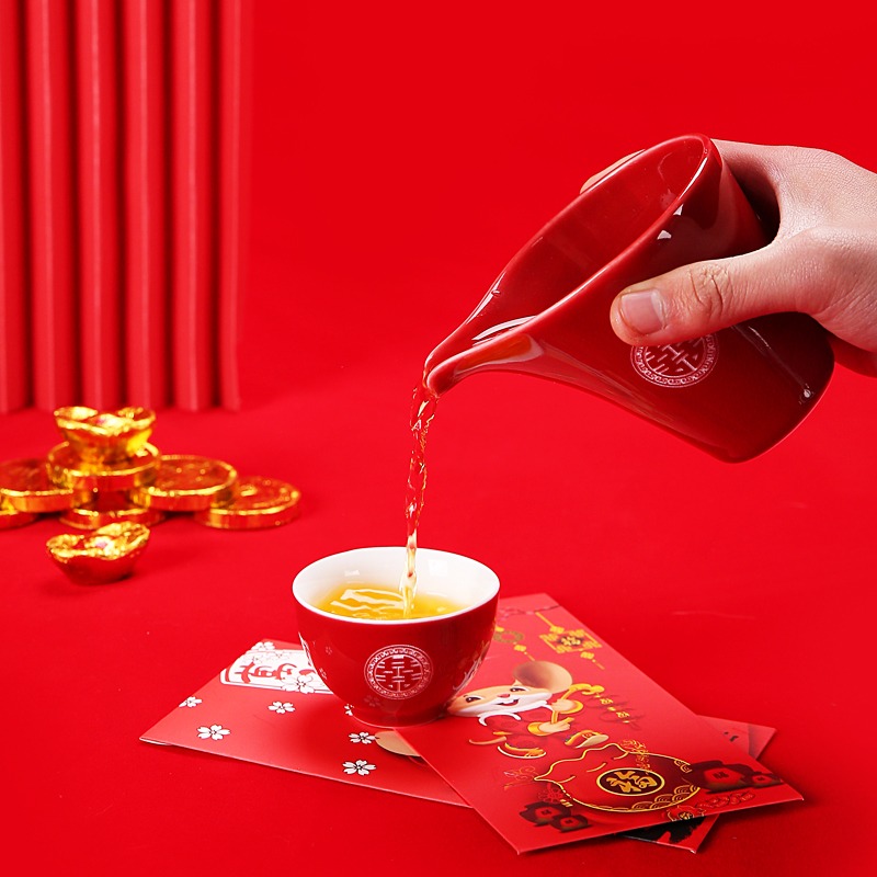 唐豐功夫茶具套裝婚慶禮盒霽紅陶瓷茶杯茶壺家用中式結婚喜慶用品-細節圖4