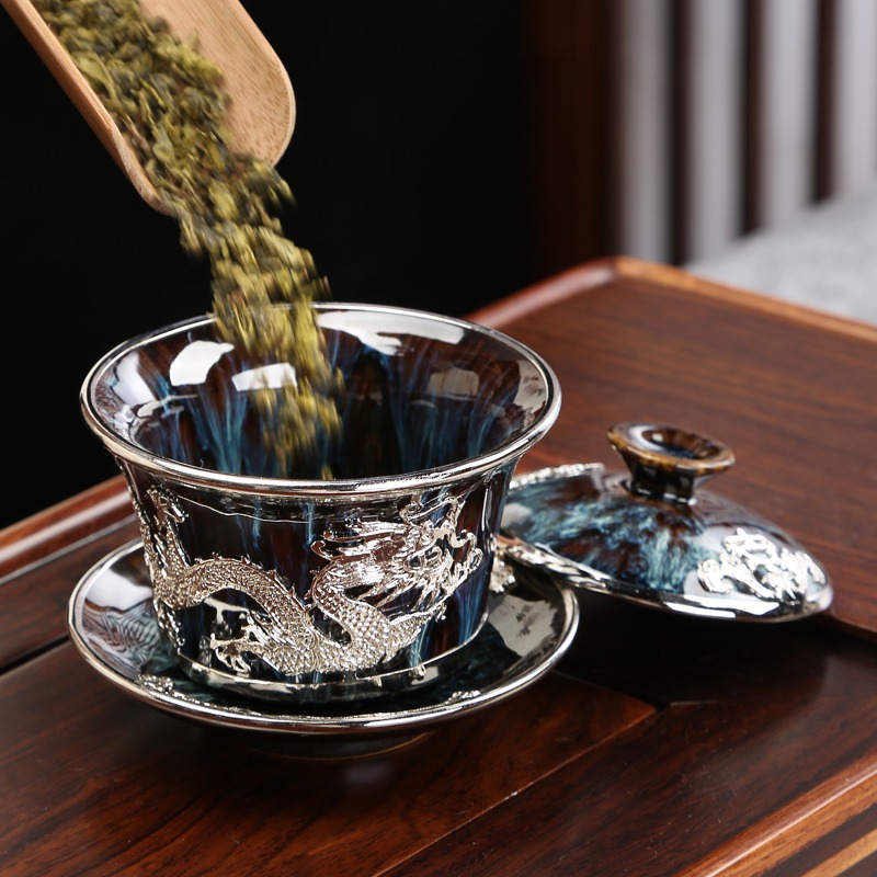唐豐陶瓷三才蓋碗鑲銀單個窯變茶碗家用功夫沖茶器禮盒裝200036A-細節圖3