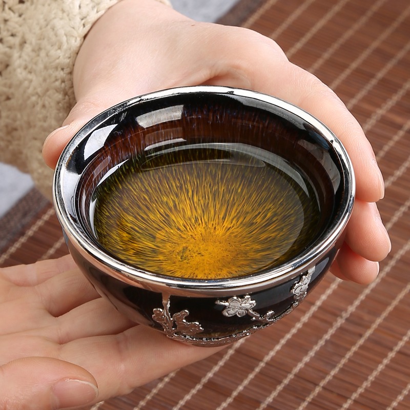 唐豐金鑲銀茶杯四君子禮盒裝窯變天目釉小茶碗建盞束口杯200030A-細節圖3