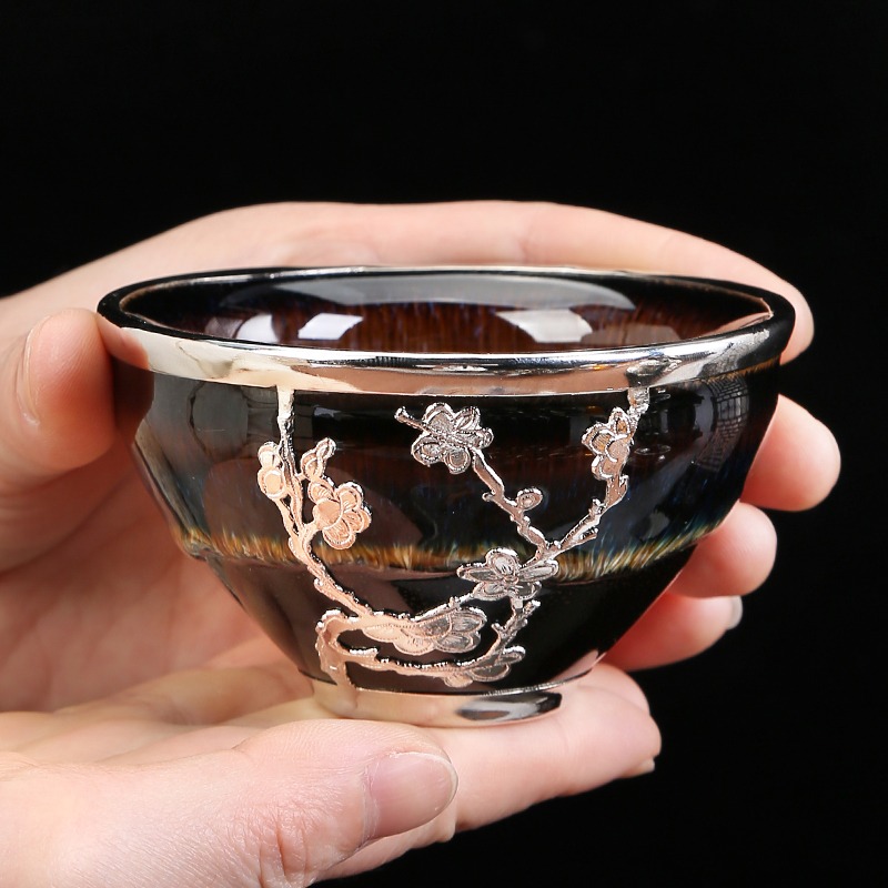 唐豐金鑲銀茶杯四君子禮盒裝窯變天目釉小茶碗建盞束口杯200030A-細節圖4