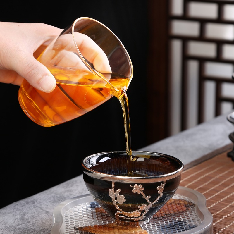 唐豐金鑲銀茶杯四君子禮盒裝窯變天目釉小茶碗建盞束口杯200030A-細節圖5