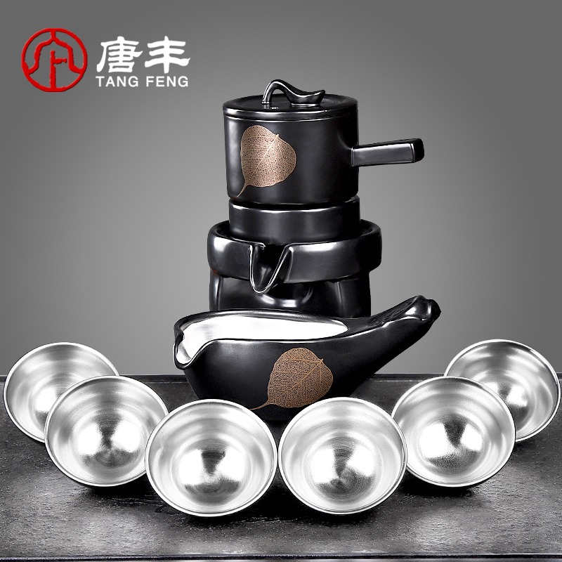 唐豐鎏銀自動茶具禮盒家用懶人石磨復古功夫泡茶器過濾旋轉茶壺A-細節圖2