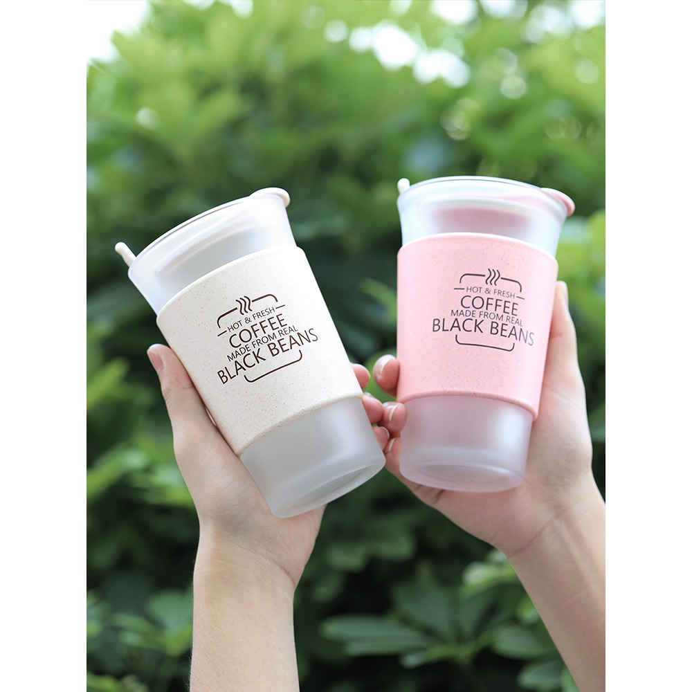 高顏值杯子男辦公室女ins風便攜玻璃水杯吸管咖啡磨砂帶蓋花茶杯-細節圖4
