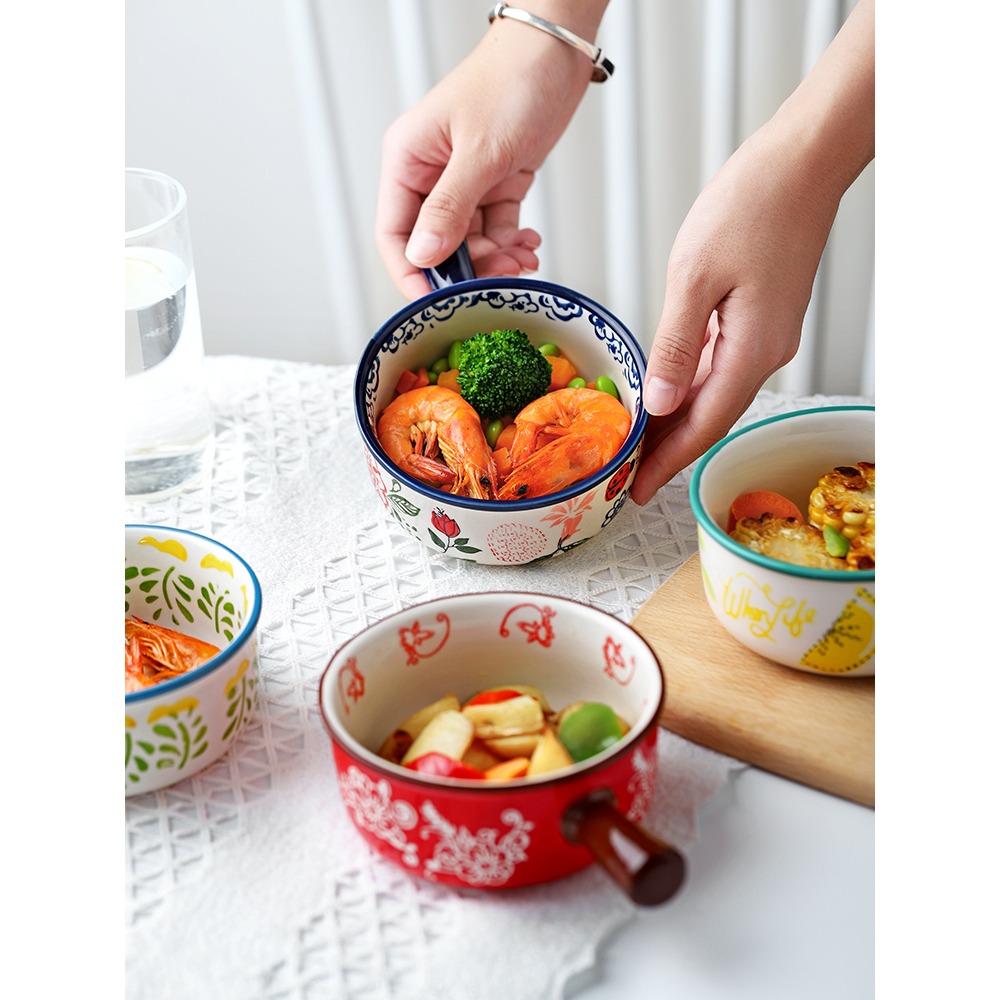 陶瓷手柄餐具日式泡麪碗家用網紅個性帶把創意微波爐專用烤沙拉碗-細節圖2