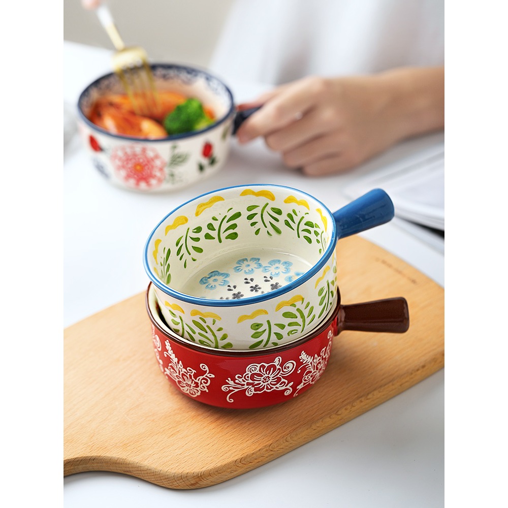 陶瓷手柄餐具日式泡麪碗家用網紅個性帶把創意微波爐專用烤沙拉碗-細節圖5