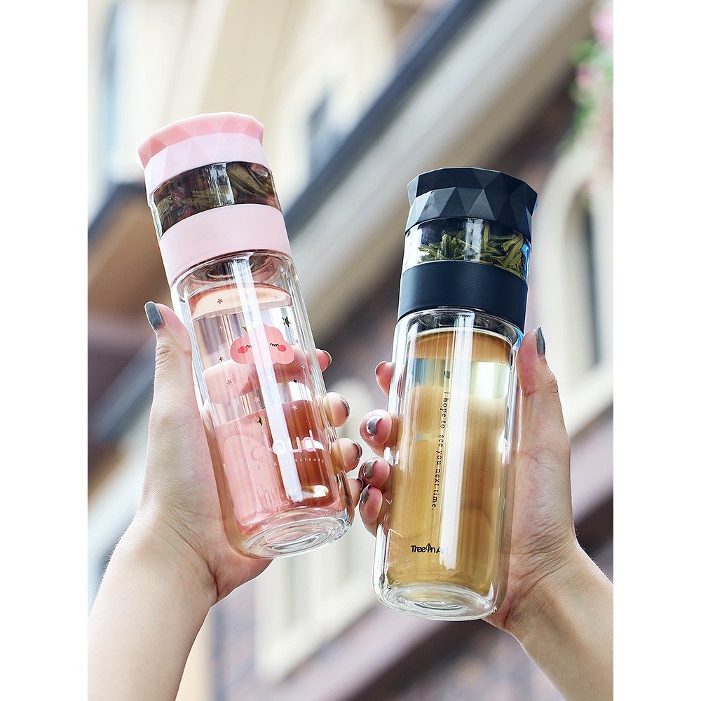 雙層玻璃杯便攜水杯茶水分離泡茶杯少女杯子防摔可愛簡約清新森系-細節圖3