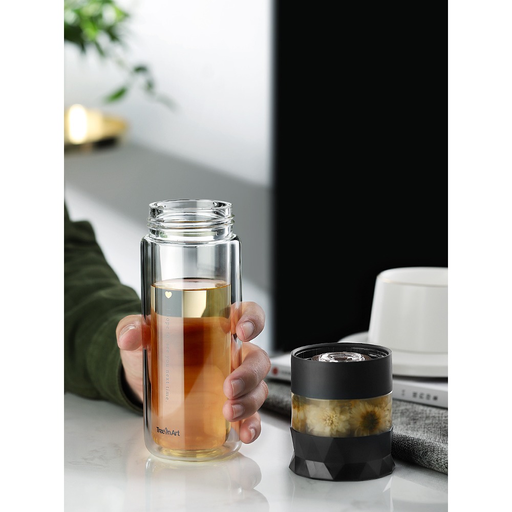 雙層玻璃杯便攜水杯茶水分離泡茶杯少女杯子防摔可愛簡約清新森系-細節圖5