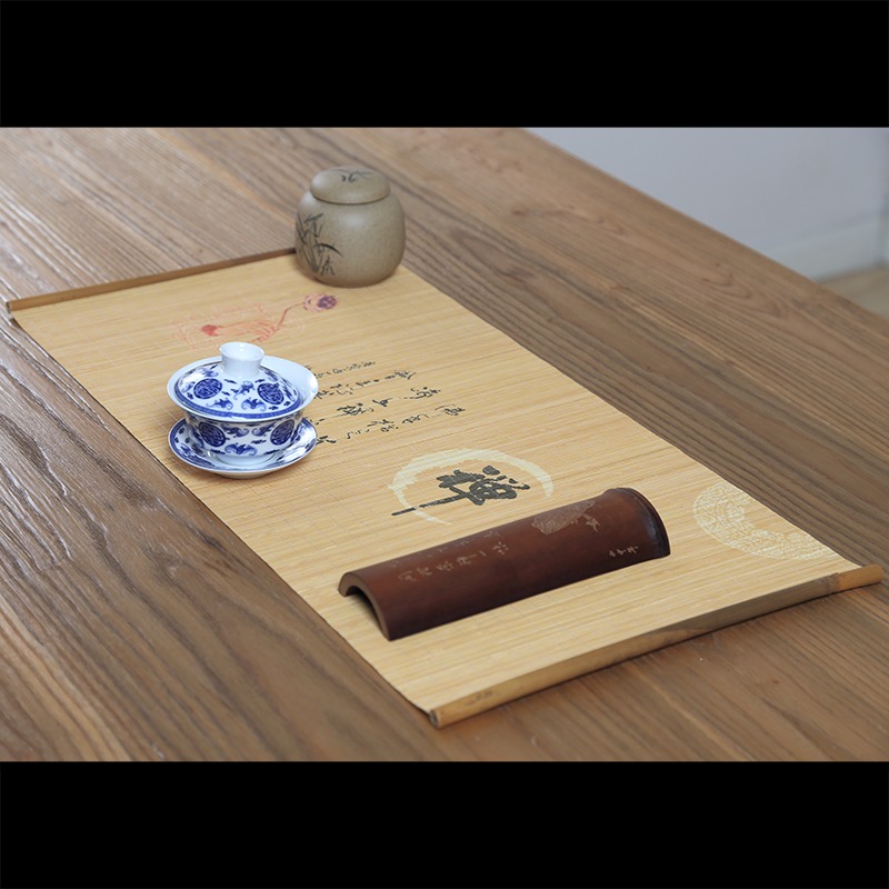 茶席 桌旗 繪畫印花禪意竹蓆 茶簾六君子隔熱墊功夫茶幹泡墊茶墊-細節圖3