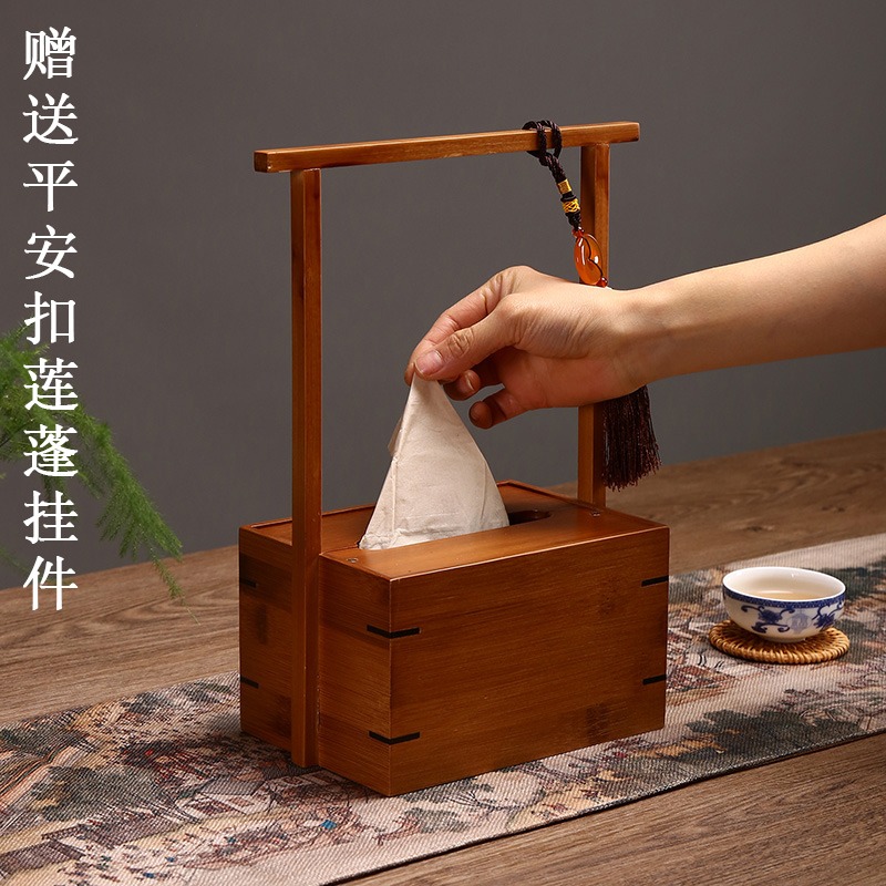 茶餐廳竹製紙巾收納盒中式竹紙巾盒長方形可拎簡約家用手提紙抽盒-細節圖4