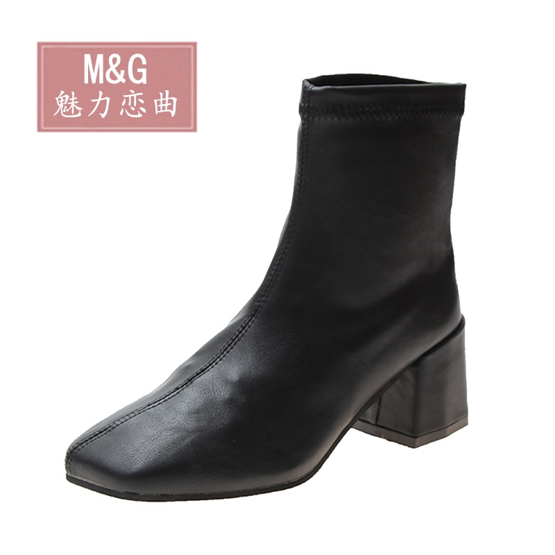 網紅馬丁靴子女2021新款裸靴瘦瘦靴高跟鞋秋款方頭粗跟彈力小短靴-細節圖2