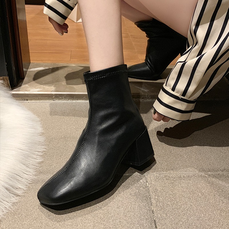 網紅馬丁靴子女2021新款裸靴瘦瘦靴高跟鞋秋款方頭粗跟彈力小短靴-細節圖4