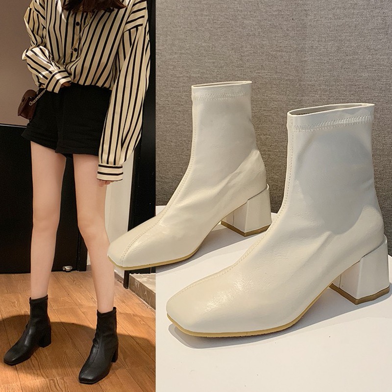 網紅馬丁靴子女2021新款裸靴瘦瘦靴高跟鞋秋款方頭粗跟彈力小短靴-細節圖5