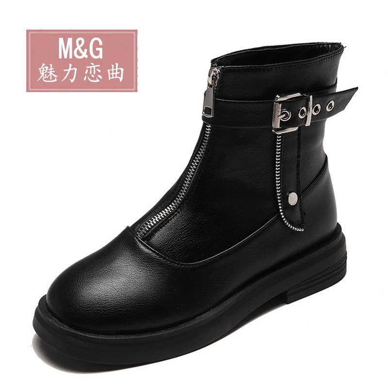 靴子女2021新款潮鞋秋款短靴春秋單靴百搭女鞋前拉鏈英倫風馬丁靴-細節圖2