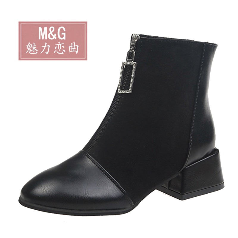 2020新款馬丁靴ins網紅瘦瘦靴前拉鏈裸靴方頭粗跟短靴女秋冬單靴-細節圖2