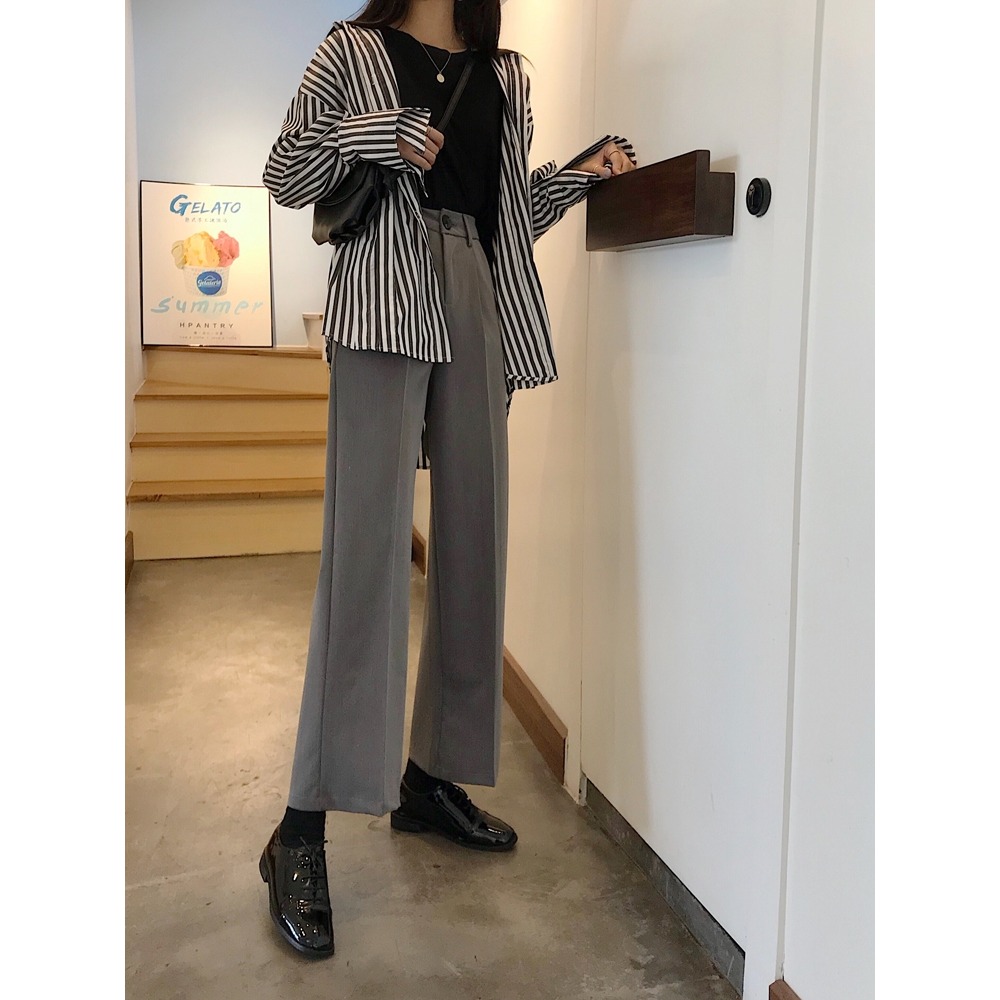 春秋直筒顯瘦西裝褲高腰垂感闊腿褲女寬松黑色褲子百搭運動休閑褲-細節圖4