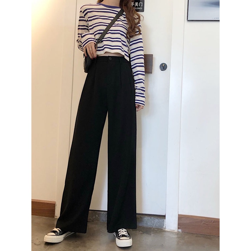 春季垂感直筒闊腿褲女裝高腰黑色學生休閑褲子寬松拖地西裝褲顯瘦-細節圖2