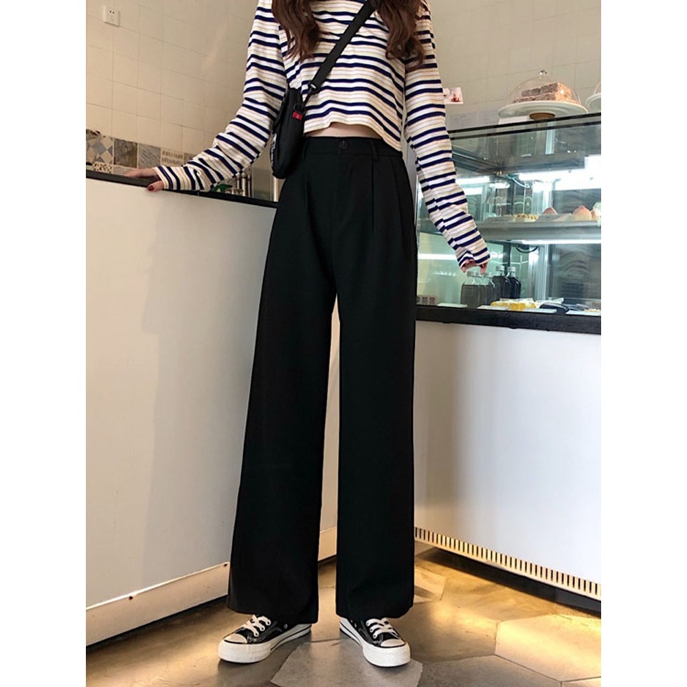 春季垂感直筒闊腿褲女裝高腰黑色學生休閑褲子寬松拖地西裝褲顯瘦-細節圖4
