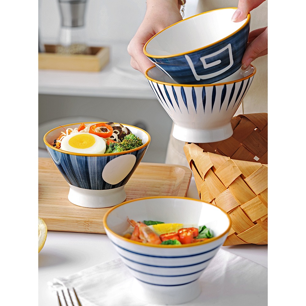 日式斗笠高腳陶瓷餐具套裝湯碗家用加厚防燙拉麪碗喫飯碗一人食小-細節圖4
