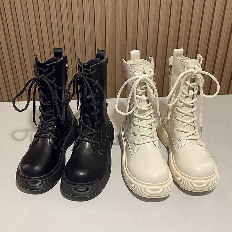 馬丁靴女2021年新款靴子厚底女靴春秋單靴黑色短筒英倫風系帶短靴-細節圖3