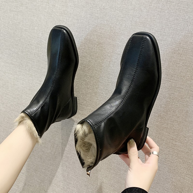 新款短靴女2021秋冬歐美加絨切爾西百搭休閑平跟方頭馬丁瘦瘦靴鞋-細節圖4