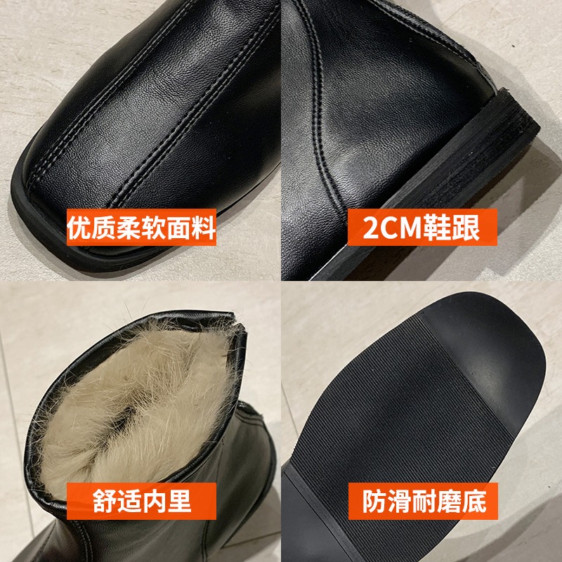 新款短靴女2021秋冬歐美加絨切爾西百搭休閑平跟方頭馬丁瘦瘦靴鞋-細節圖5