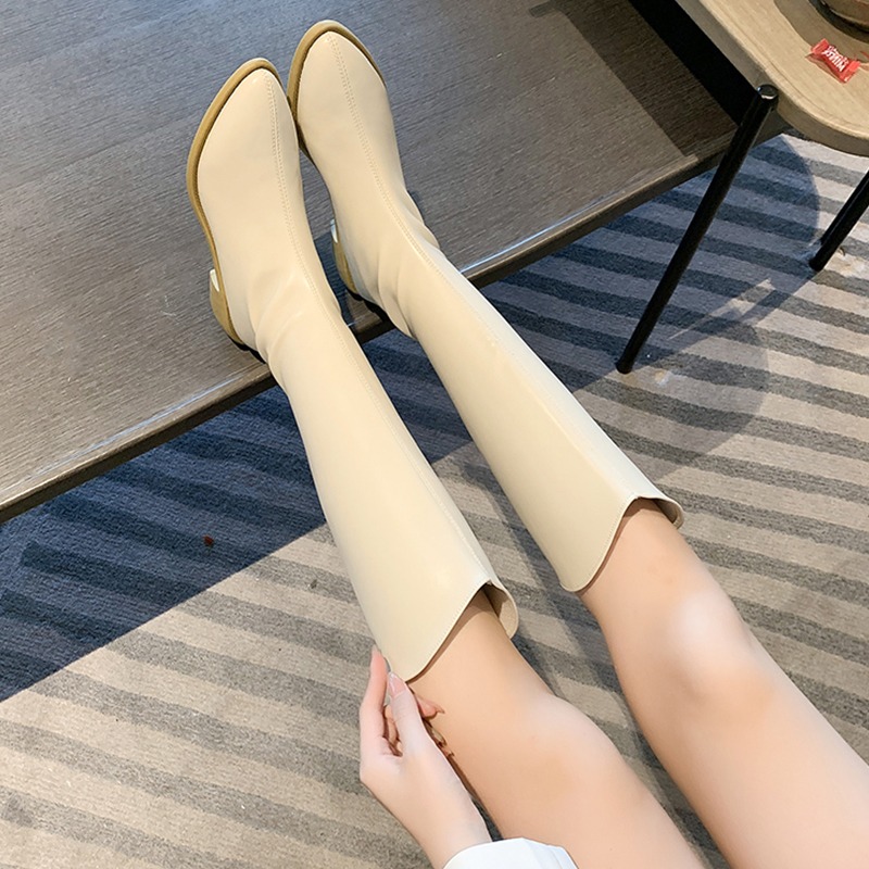 中筒長筒西部牛仔靴女鞋2021新款小眾白色騎士高筒長靴春秋單靴子-細節圖3