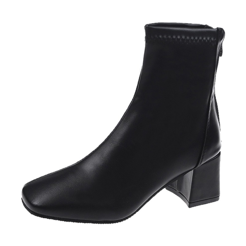 2021春秋新款粗跟方頭短靴女單靴法式踝靴後拉鏈白色中跟短筒女靴-細節圖2