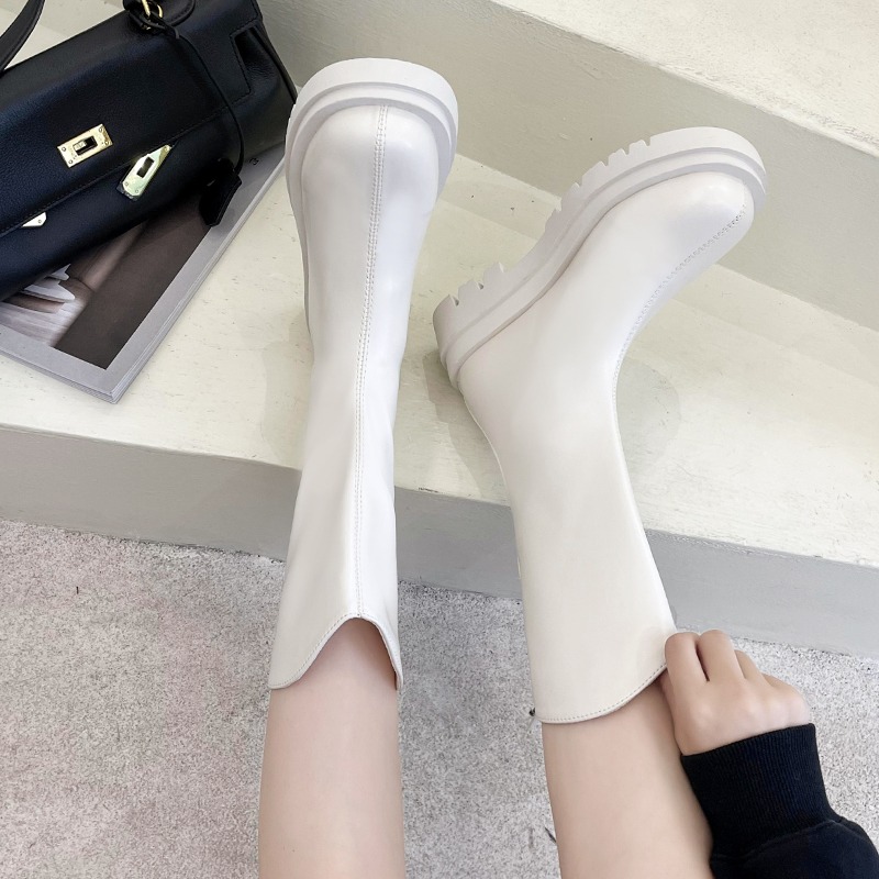 白色馬丁靴子女春秋單靴瘦瘦靴2021年新款秋季百搭厚底鬆糕中筒靴-細節圖4