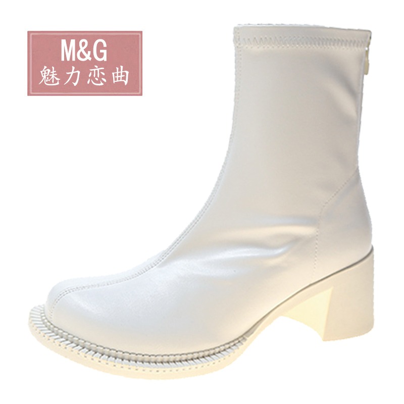 mona同款大頭馬丁靴女2021新款粗高跟後拉鏈切爾西靴圓頭短靴子女-細節圖2