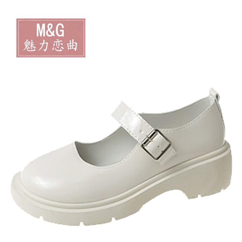 厚底白色圓頭瑪麗珍單鞋女2021春款復古中高跟日系jk小皮鞋英倫風-細節圖2