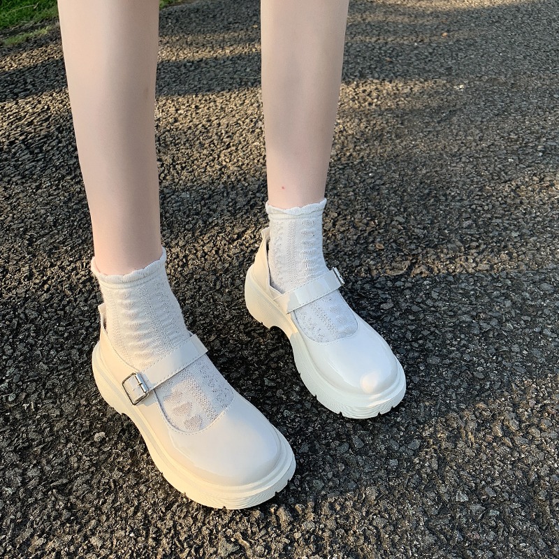 厚底白色圓頭瑪麗珍單鞋女2021春款復古中高跟日系jk小皮鞋英倫風-細節圖4
