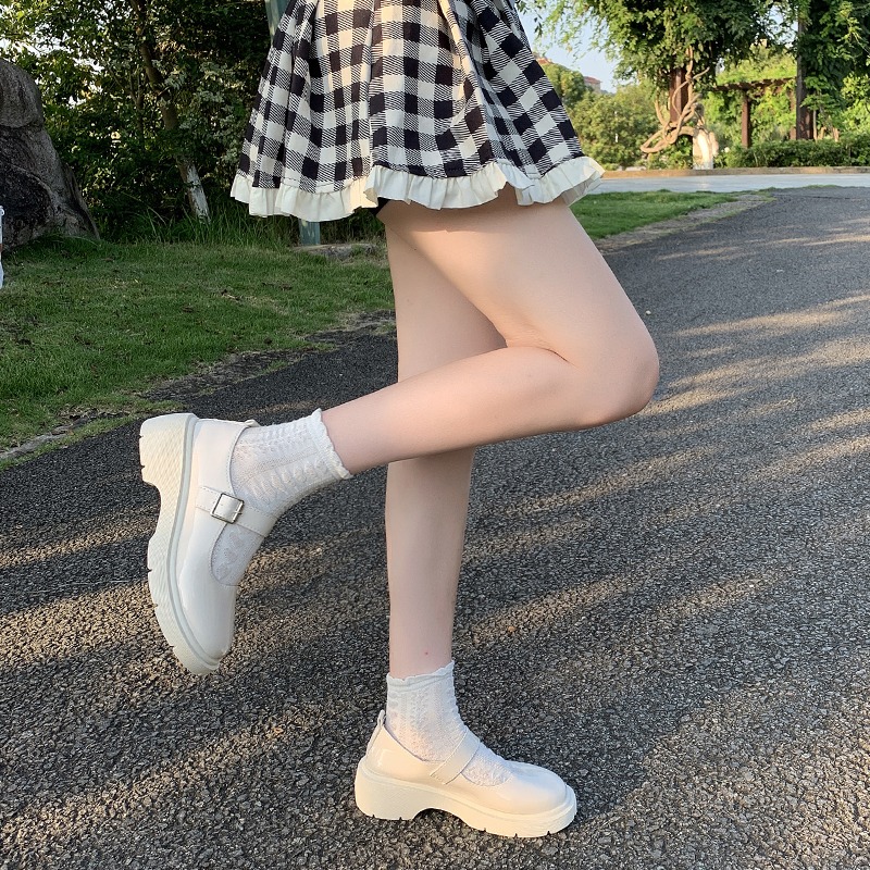 厚底白色圓頭瑪麗珍單鞋女2021春款復古中高跟日系jk小皮鞋英倫風-細節圖5
