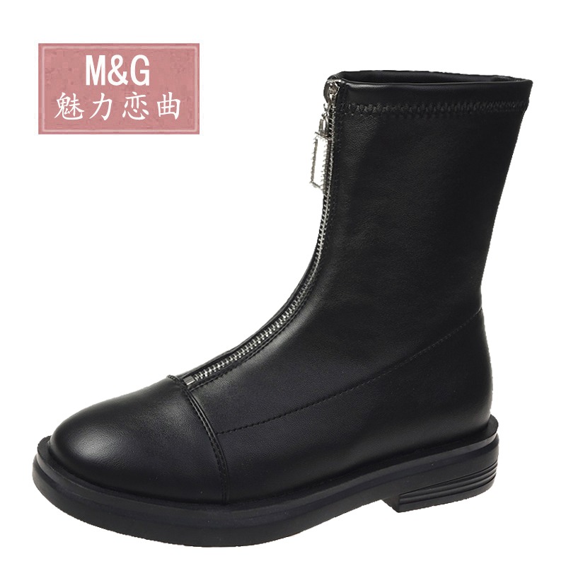馬丁靴女英倫風2021秋冬單靴子白色加絨中筒靴前拉鏈短靴女潮ins-細節圖2